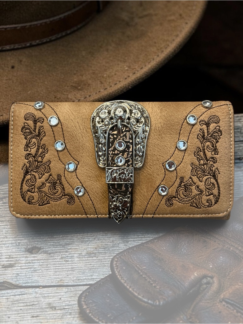 Western Embroidered Rhinestone Wallet Clutch – Tan Faux Leather Snap Closure